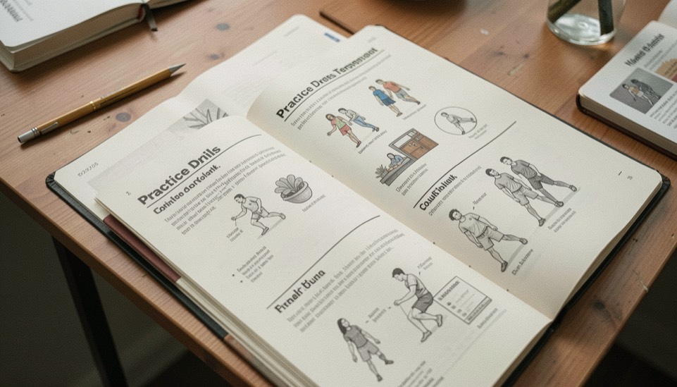 A measured typing exercise with a short passage and a quiet desk around it